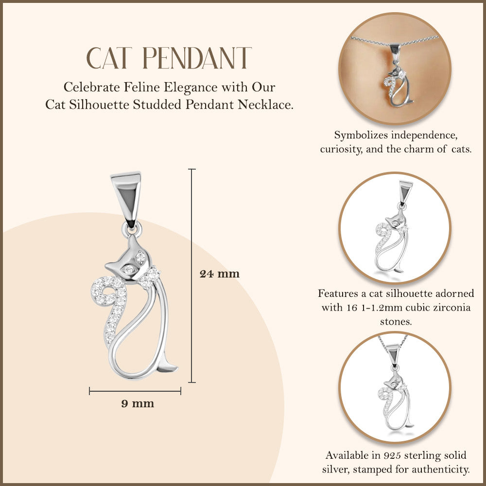 .925 Sterling Silver Cat Silhouette Studded Pendant Necklace