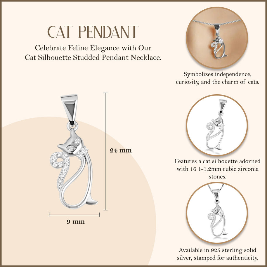 .925 Sterling Silver Cat Silhouette Studded Pendant Necklace