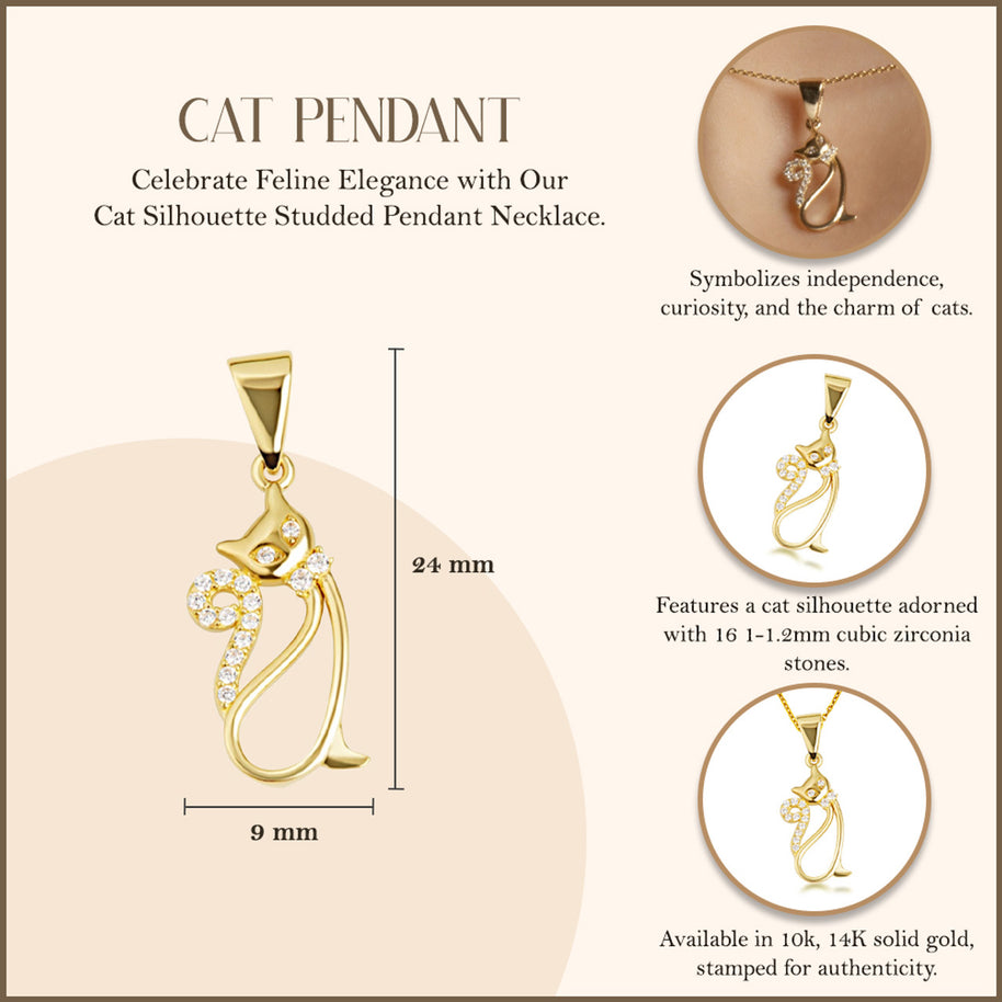 Gold Cat Silhouette Studded Pendant Necklace (Available in Yellow/Rose/White Gold)