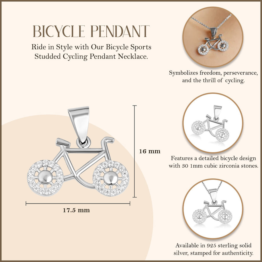 .925 Sterling Silver Bicycle Sports Studded Cycling Pendant Necklace