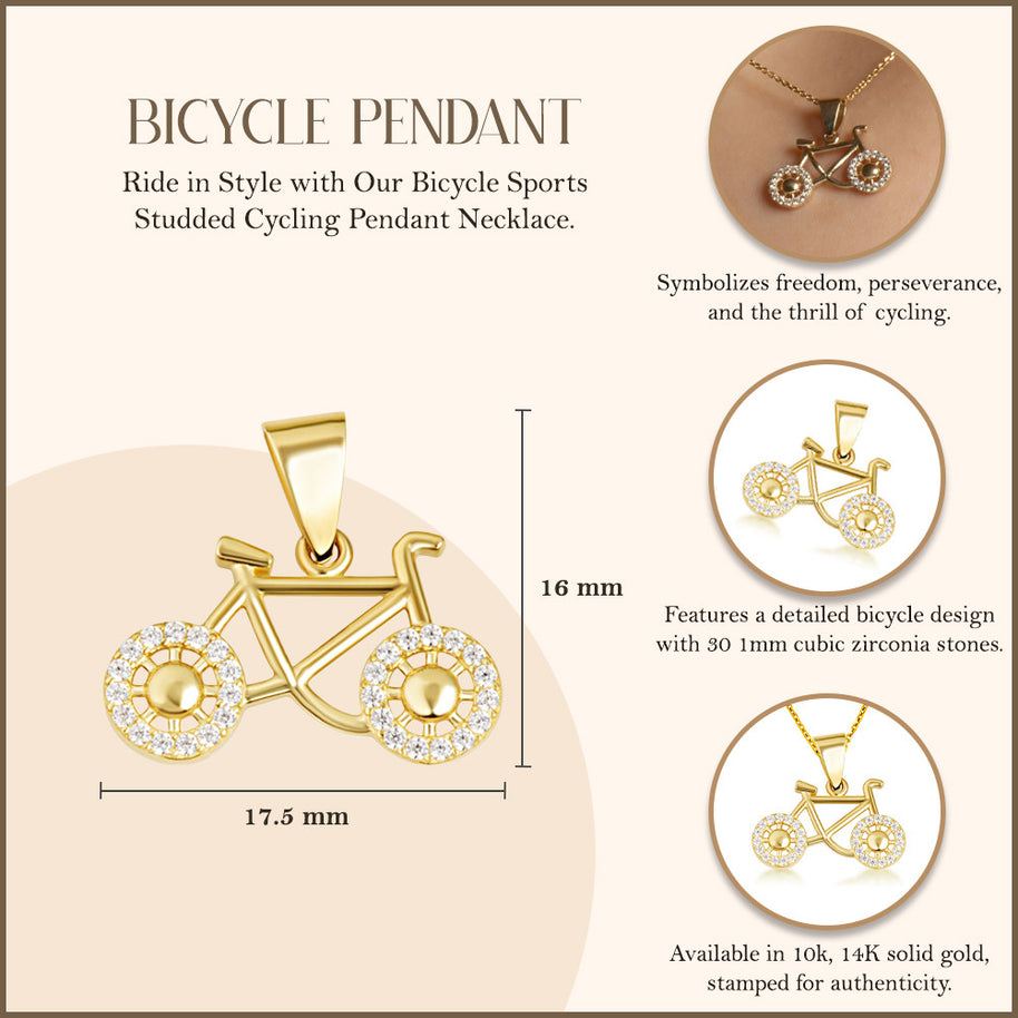 Gold Bicycle Sports Studded Cycling Pendant Necklace (Available in Yellow/Rose/White Gold)