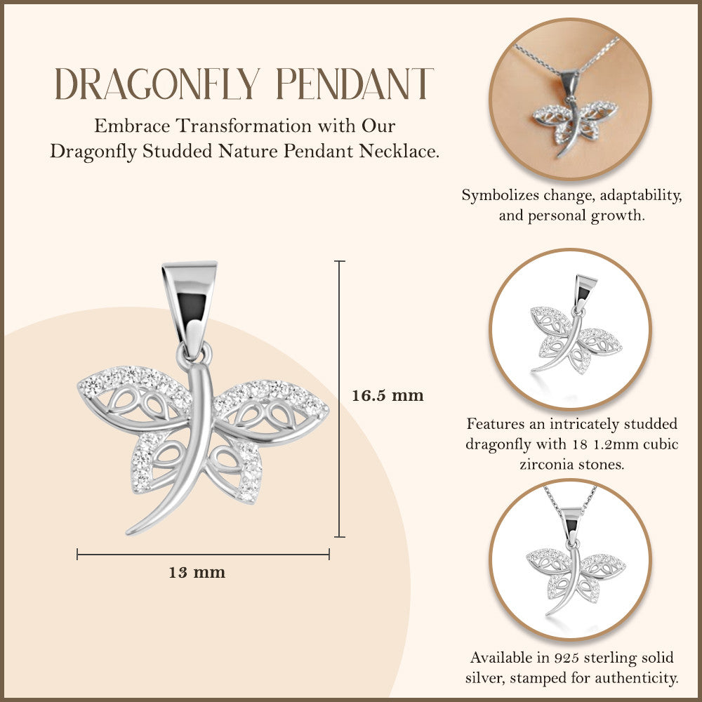 .925 Sterling Silver Dragonfly Studded Nature Pendant Necklace