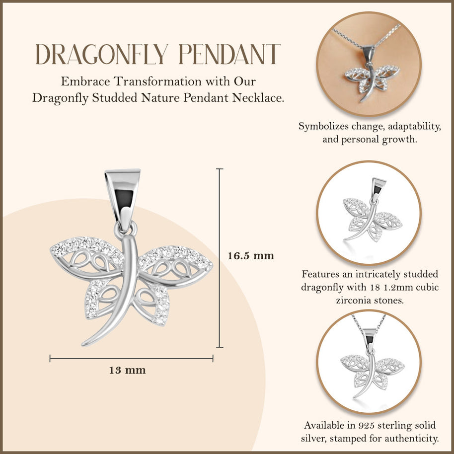 .925 Sterling Silver Dragonfly Studded Nature Pendant Necklace
