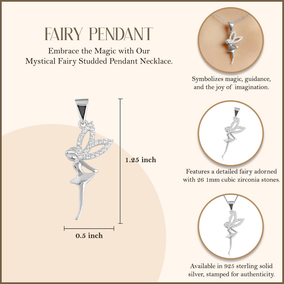 .925 Sterling Silver Mystical Fairy Studded Pendant Necklace