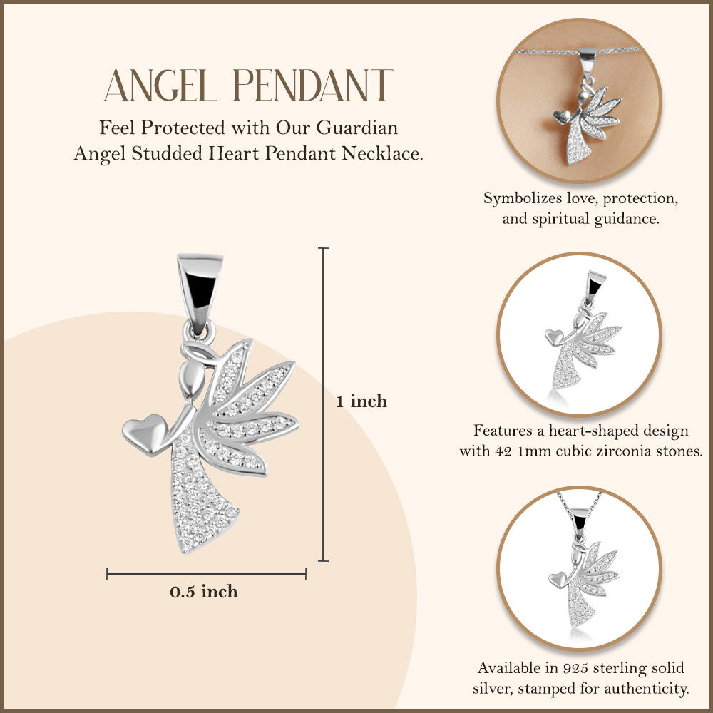 .925 Sterling Silver Studded Guardian Angel Heart Pendant Necklace