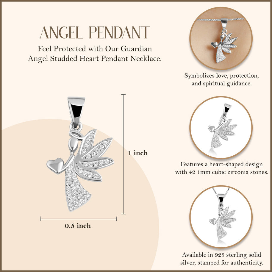 .925 Sterling Silver Studded Guardian Angel Heart Pendant Necklace