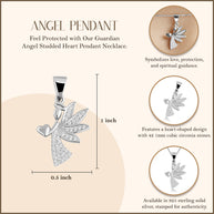 .925 Sterling Silver Studded Guardian Angel Heart Pendant Necklace