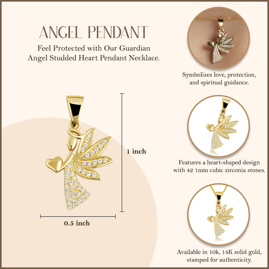 Gold Studded Guardian Angel Heart Pendant Necklace (Available in Yellow/Rose/White Gold)