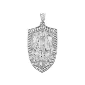 Sterling Silver Saint Michael Protect Us Shield Pendant Necklace
