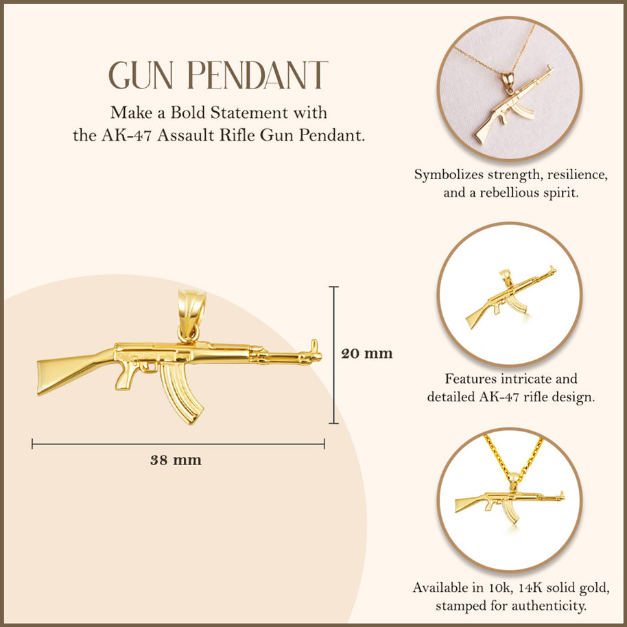 Gold AK-47 Assault Rifle Gun Pendant Necklace (Available in Yellow/Rose/White Gold)