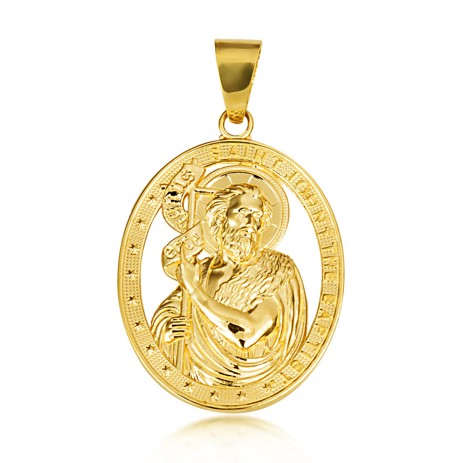 Gold Oval Patron Saint John The Baptist Pendant Necklace (Available in Yellow/Rose/White Gold)