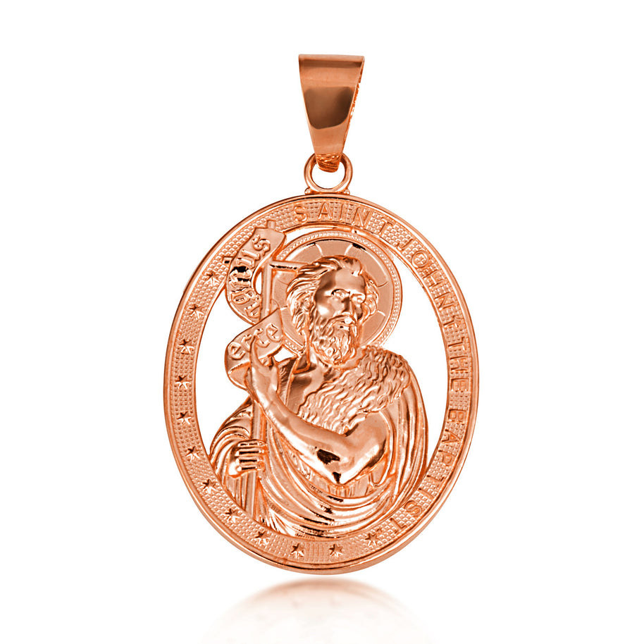 Gold Oval Patron Saint John The Baptist Pendant Necklace (Available in Yellow/Rose/White Gold)