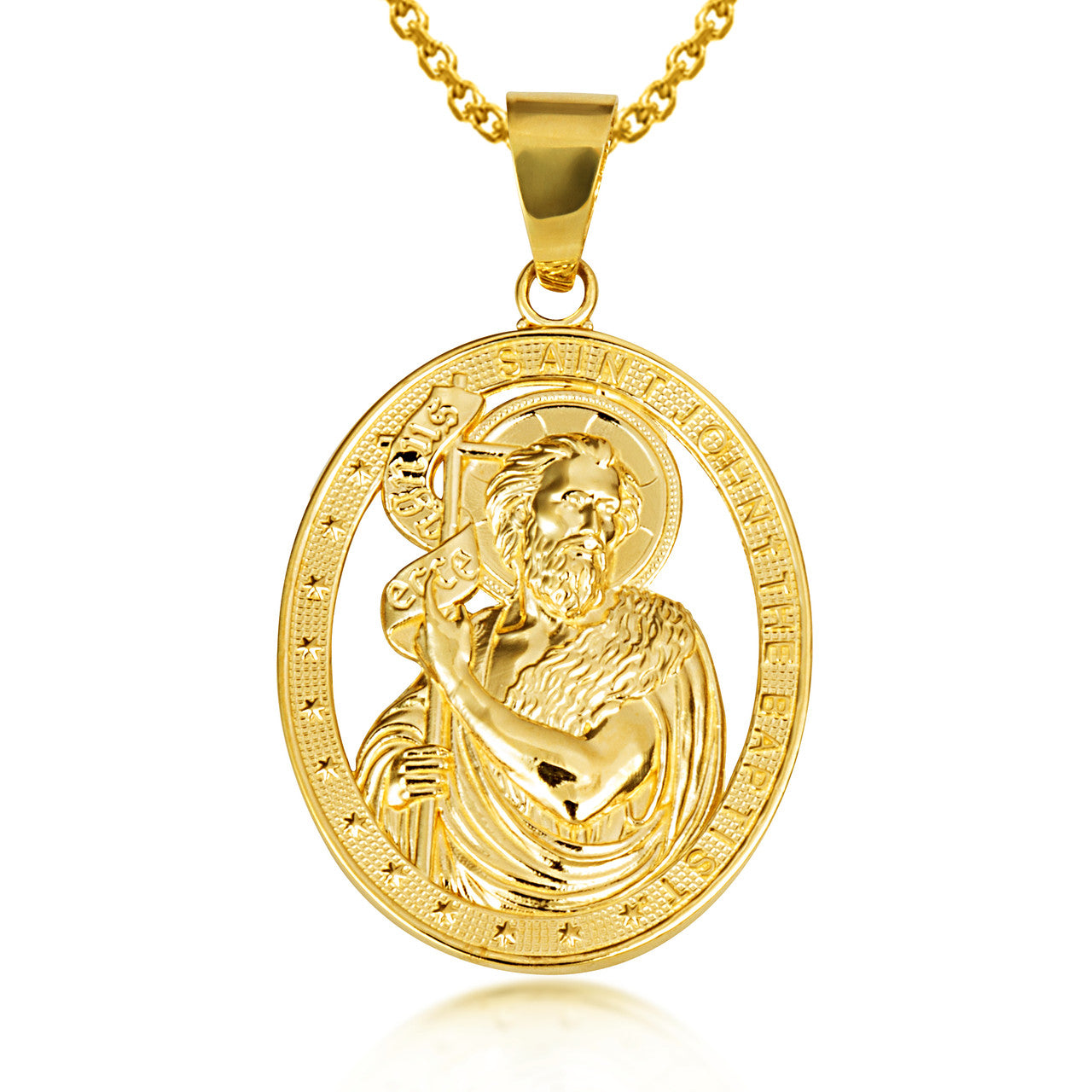 Gold Oval Patron Saint John The Baptist Pendant Necklace (Available in Yellow/Rose/White Gold)