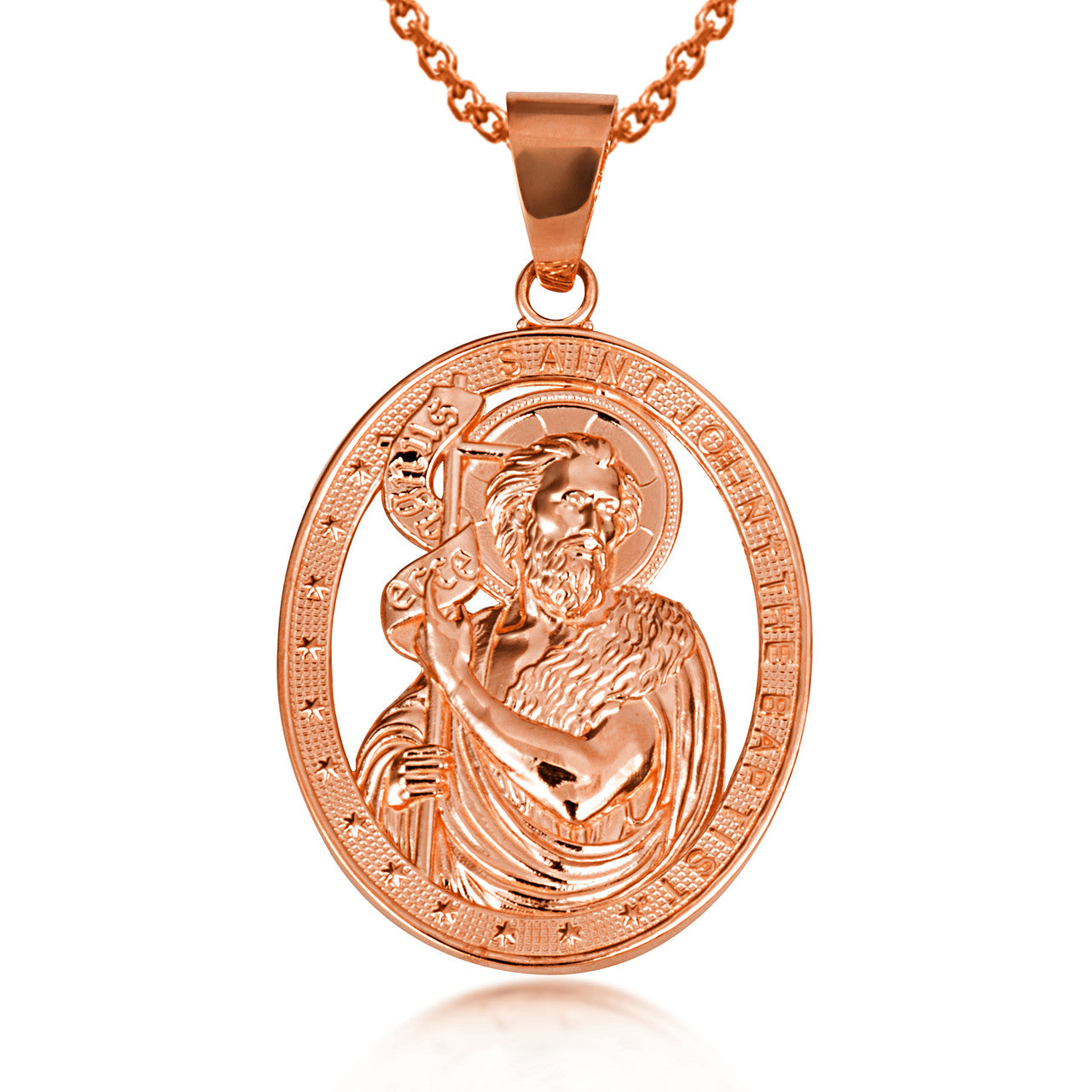 Gold Oval Patron Saint John The Baptist Pendant Necklace (Available in Yellow/Rose/White Gold)