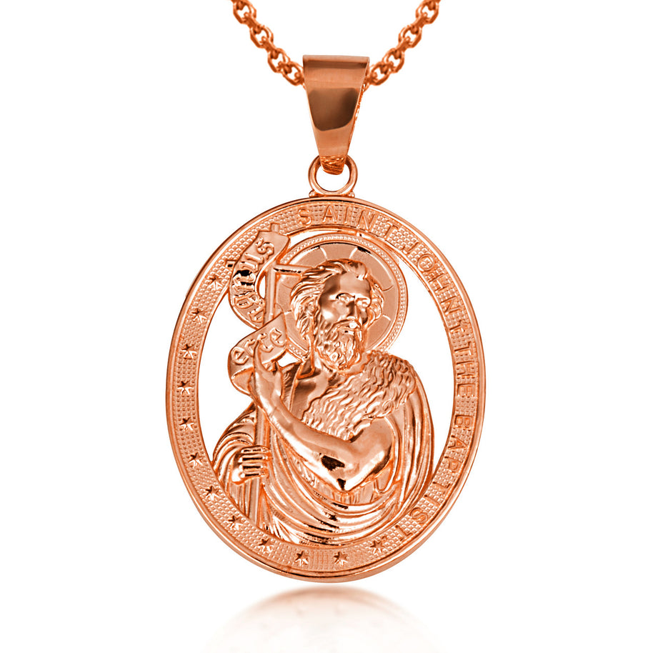 Gold Oval Patron Saint John The Baptist Pendant Necklace (Available in Yellow/Rose/White Gold)
