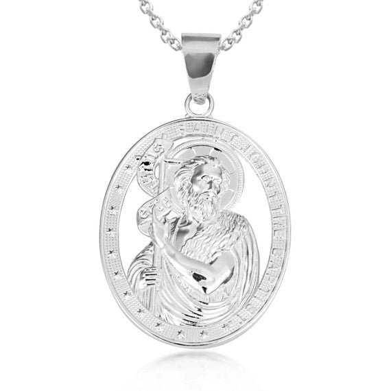 .925 Sterling Silver Oval Patron Saint John The Baptist Pendant Necklace