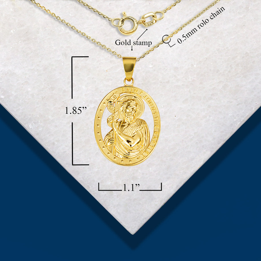 Gold Oval Patron Saint John The Baptist Pendant Necklace (Available in Yellow/Rose/White Gold)