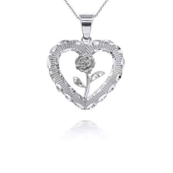 .925 Sterling Silver Diamond Cut Heart Rose Flower Pendant Necklace