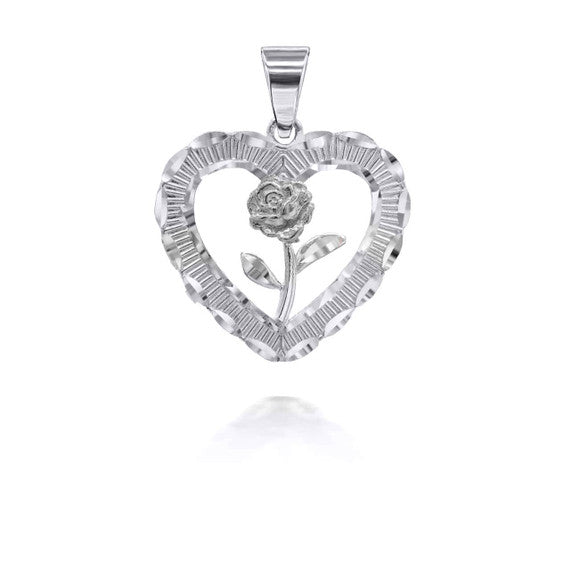 .925 Sterling Silver Diamond Cut Heart Rose Flower Pendant Necklace