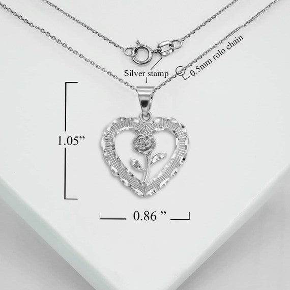 .925 Sterling Silver Diamond Cut Heart Rose Flower Pendant Necklace