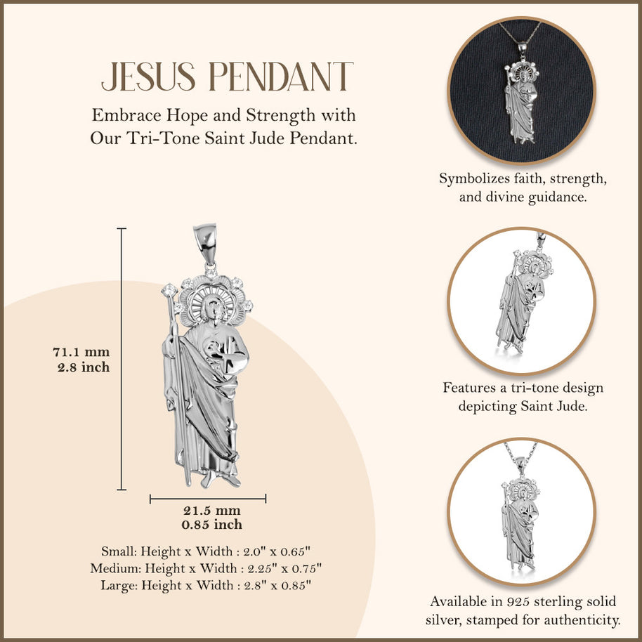 .925 Sterling Silver Saint Jude Studded Pendant Necklace (Available in Small/Medium/Large)