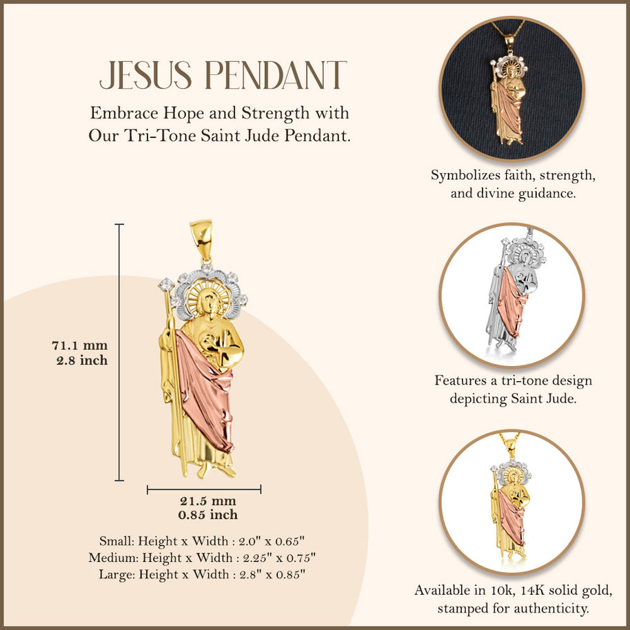 Tri-Color Gold Saint Jude Halo Studded Pendant Necklace (Available in Small/Medium/Large & Tri-Tone/Two-Tone/White Gold)