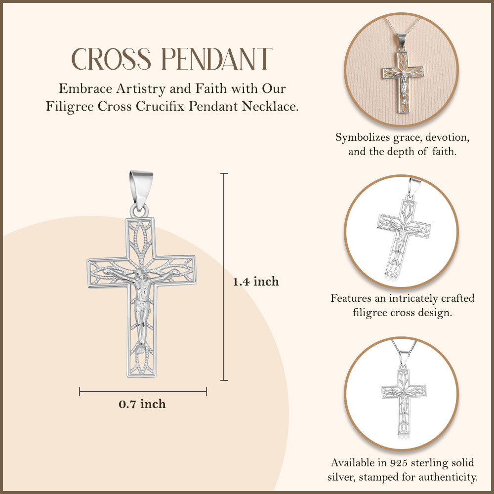 .925 Sterling Silver Filigree Cross Crucifix Faith Pendant Necklace