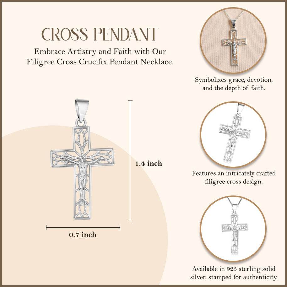 .925 Sterling Silver Filigree Cross Crucifix Faith Pendant Necklace