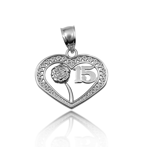 .925 Sterling Silver Quinceañera 15 Años Heart Filigree Rose Flower Pendant Necklace