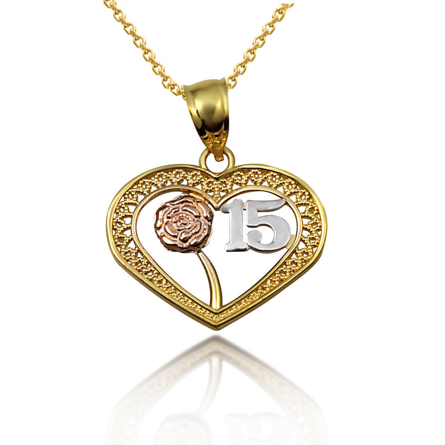Tri-Color Gold Quinceañera 15 Años Heart Filigree Rose Flower Pendant Necklace