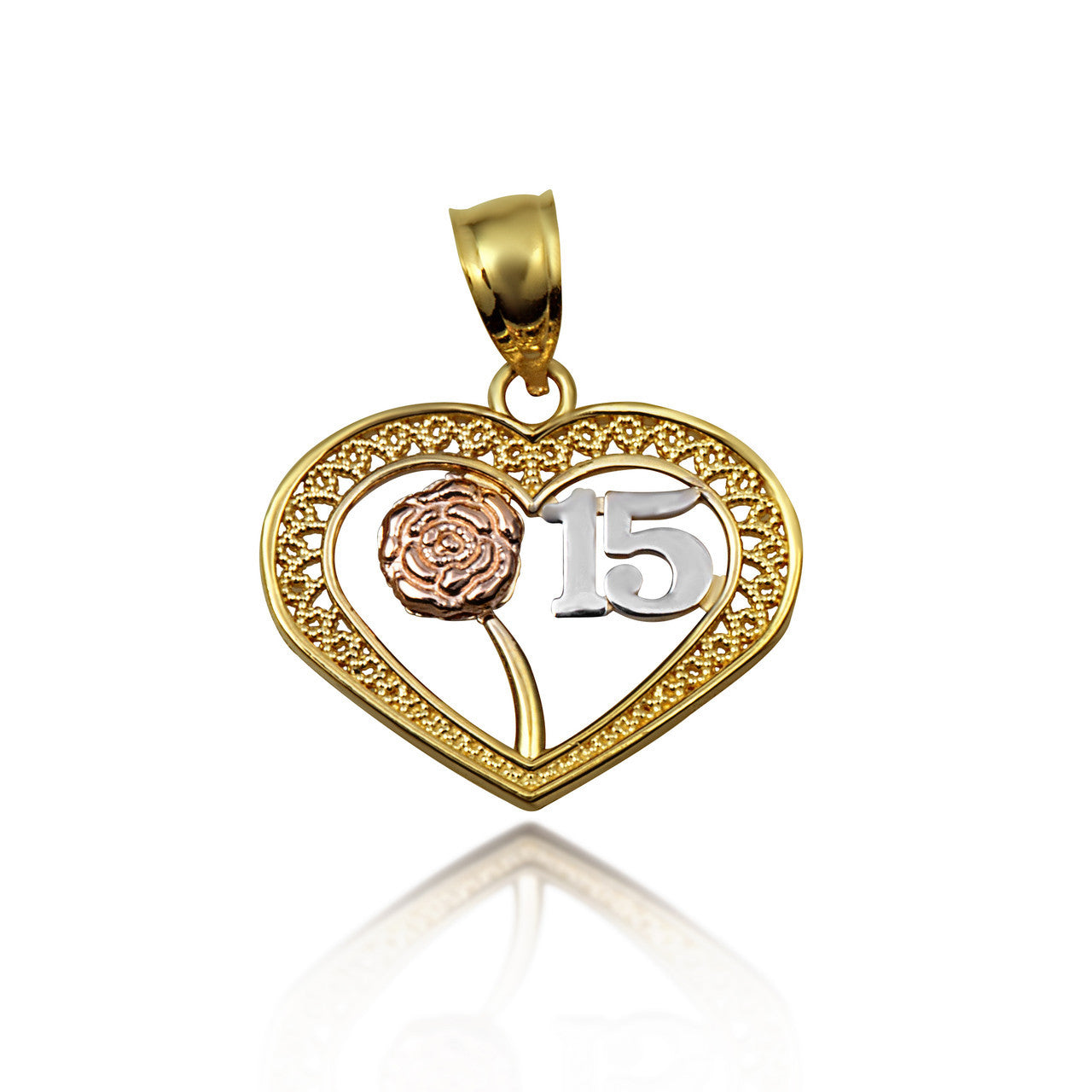Tri-Color Gold Quinceañera 15 Años Heart Filigree Rose Flower Pendant Necklace