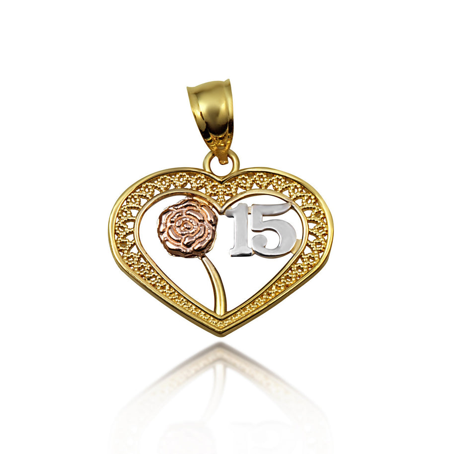 Tri-Color Gold Quinceañera 15 Años Heart Filigree Rose Flower Pendant Necklace