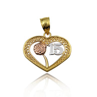 Tri-Color Gold Quinceañera 15 Años Heart Filigree Rose Flower Pendant Necklace