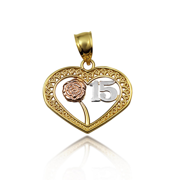 Tri-Color Gold Quinceañera 15 Años Heart Filigree Rose Flower Pendant Necklace