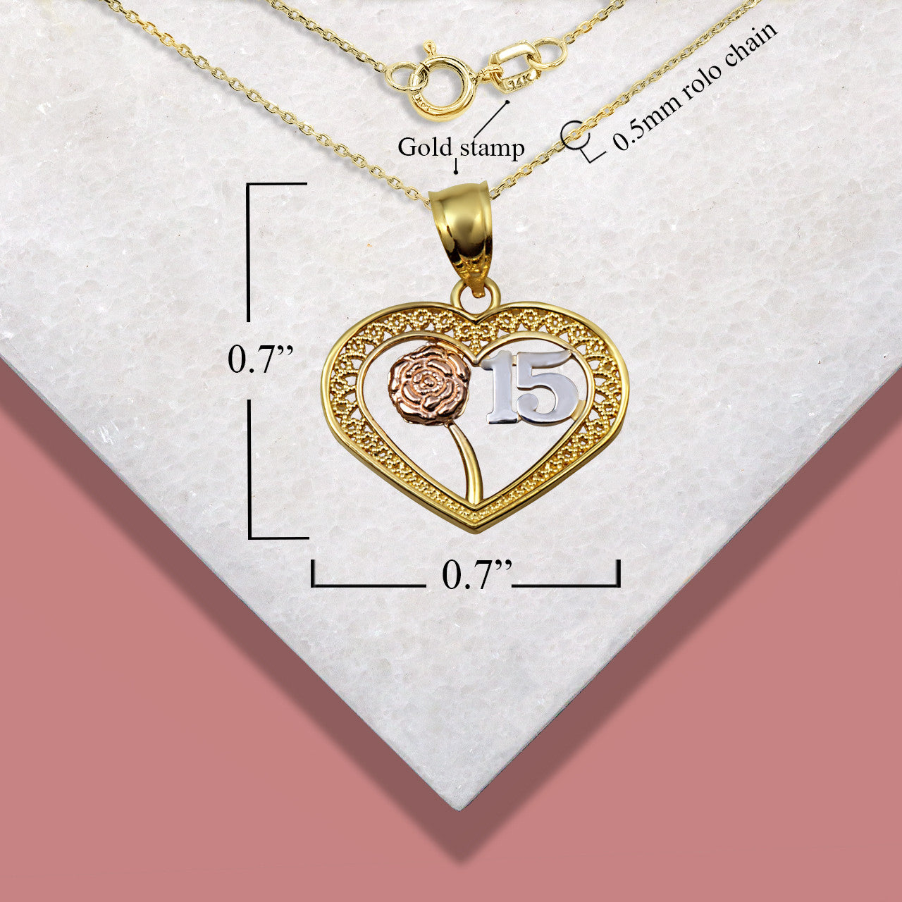 Tri-Color Gold Quinceañera 15 Años Heart Filigree Rose Flower Pendant Necklace