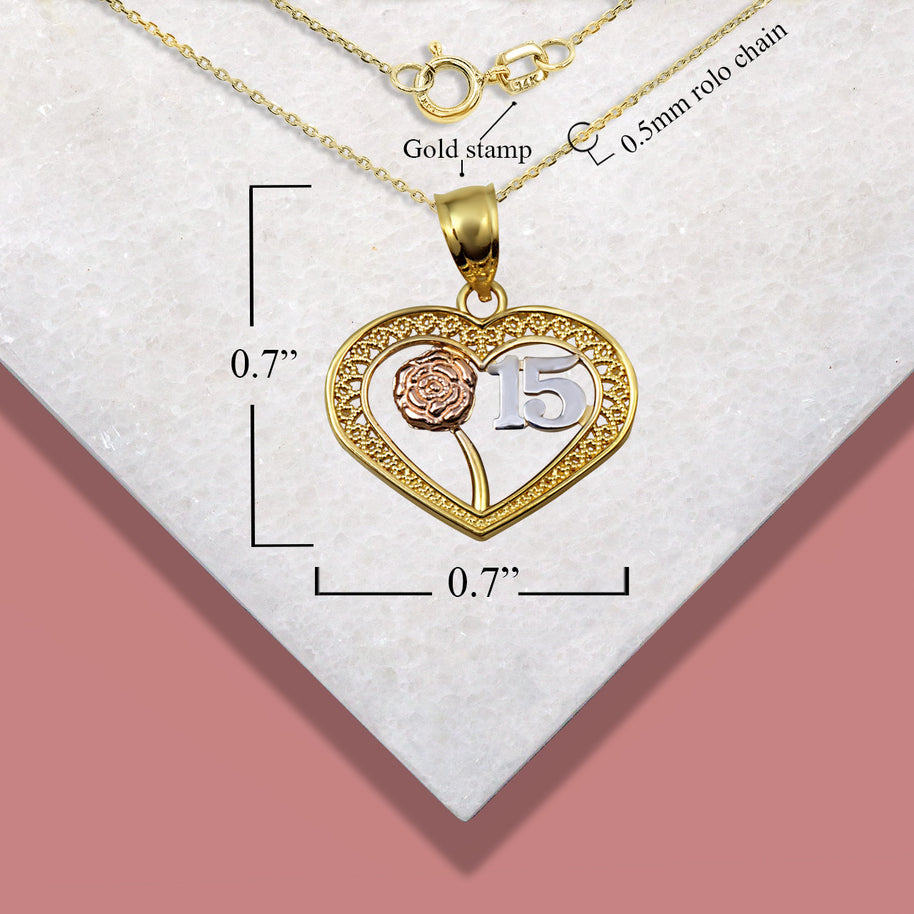 Tri-Color Gold Quinceañera 15 Años Heart Filigree Rose Flower Pendant Necklace