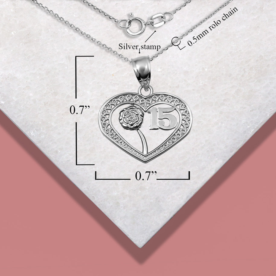 .925 Sterling Silver Quinceañera 15 Años Heart Filigree Rose Flower Pendant Necklace