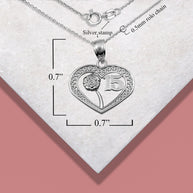 .925 Sterling Silver Quinceañera 15 Años Heart Filigree Rose Flower Pendant Necklace