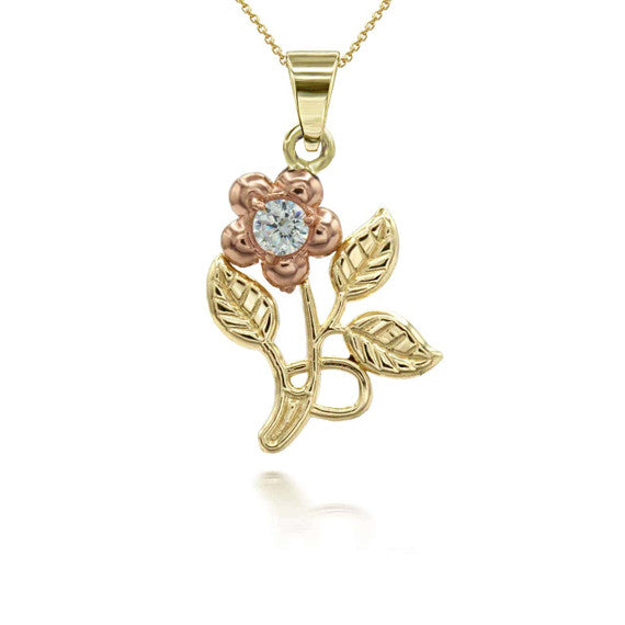 Two-Tone Gold Cubic Zirconia Rose Flower Pendant Necklace (Available in Two-Tone/Yellow/Rose/White Gold)