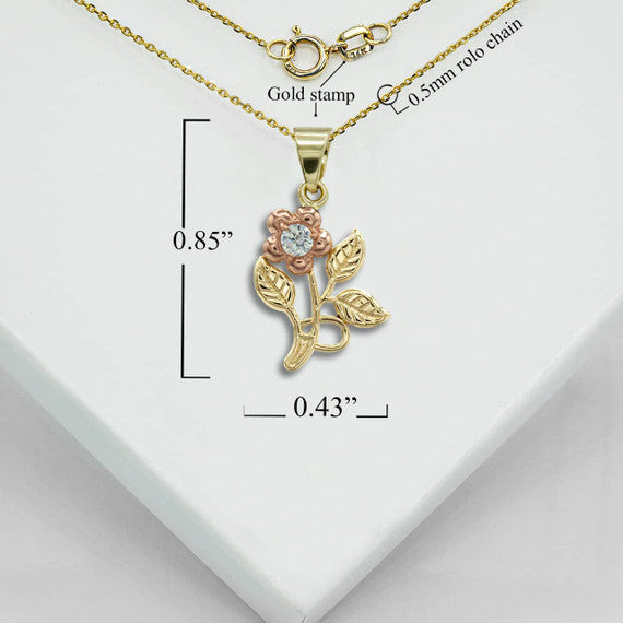 Two-Tone Gold Cubic Zirconia Rose Flower Pendant Necklace (Available in Two-Tone/Yellow/Rose/White Gold)