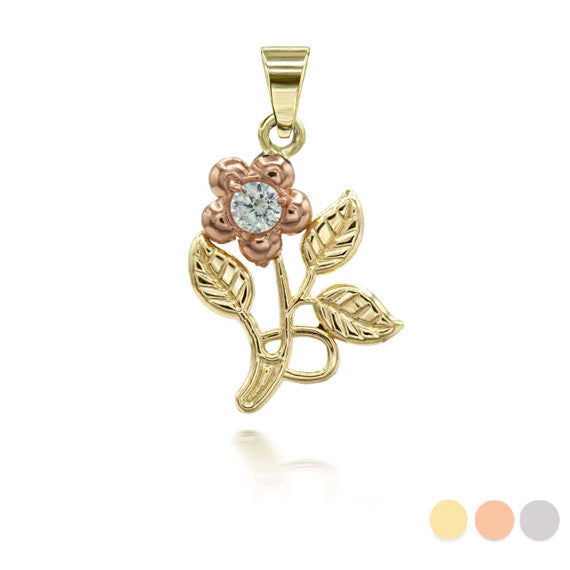 Two-Tone Gold Cubic Zirconia Rose Flower Pendant Necklace (Available in Two-Tone/Yellow/Rose/White Gold)
