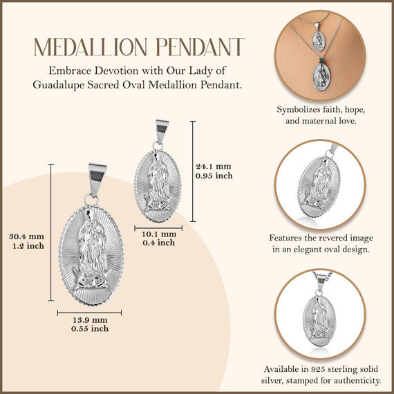 .925 Sterling Silver Lady Of Guadalupe Sacred Oval Medallion Pendant Necklace (Available in Small/Large)