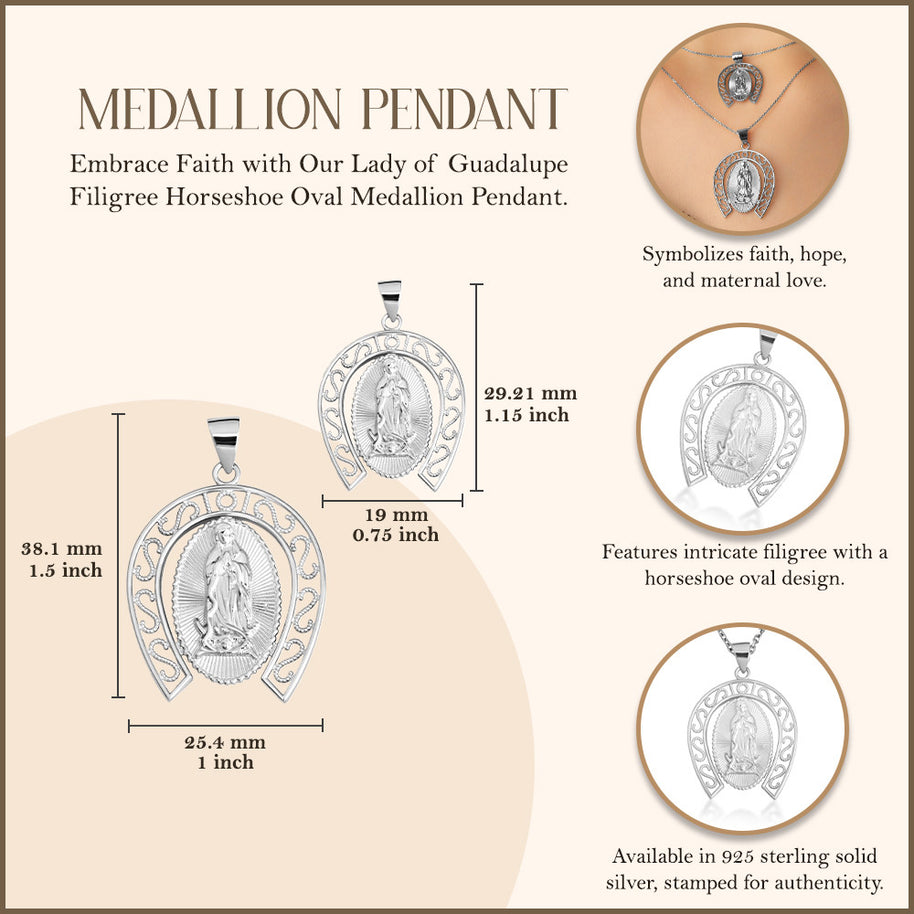 .925 Sterling Silver Lady Of Guadalupe Filigree Horseshoe Pendant Necklace (Available in Small/Large)