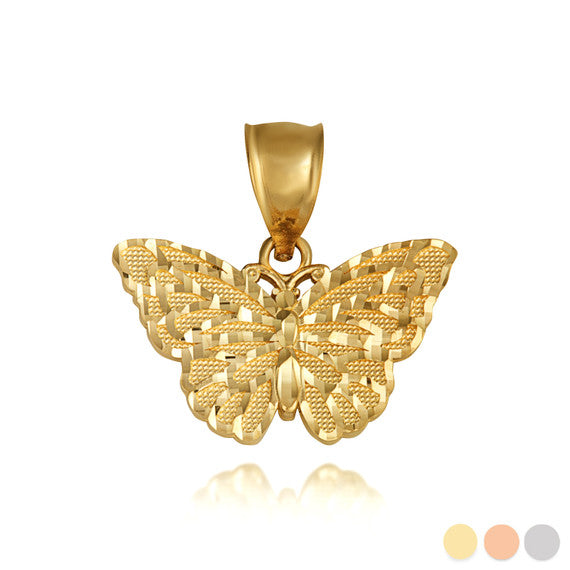 Gold Butterfly Diamond Cut Pendant Necklace (Available in Yellow/Rose/White Gold)