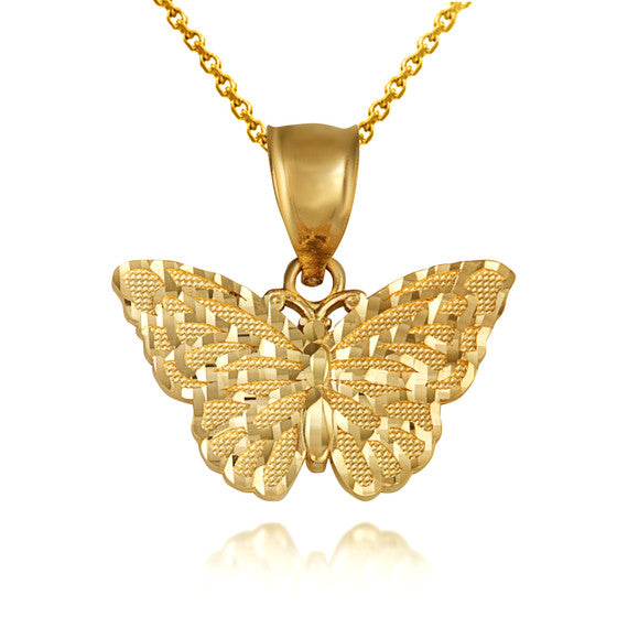 Gold Butterfly Diamond Cut Pendant Necklace (Available in Yellow/Rose/White Gold)
