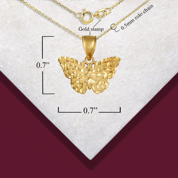 Gold Butterfly Diamond Cut Pendant Necklace (Available in Yellow/Rose/White Gold)