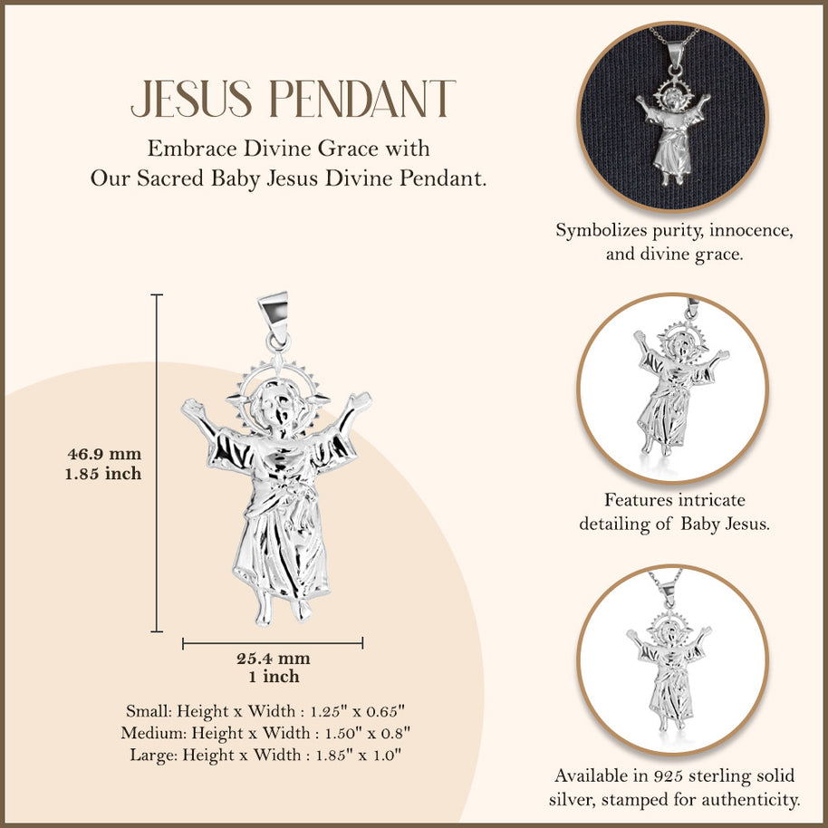 .925 Sterling Silver Sacred Baby Jesus Divine Pendant Necklace (Available in Small/Medium/Large)
