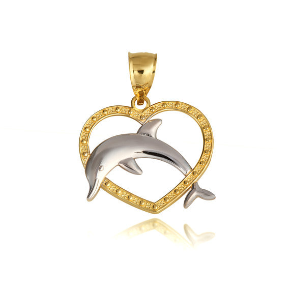 Two-Tone Gold Beaded Heart Dolphin Pendant Necklace