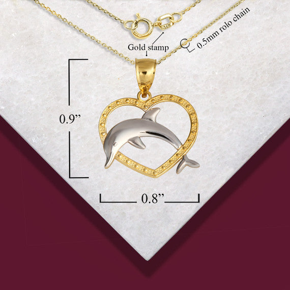 Two-Tone Gold Beaded Heart Dolphin Pendant Necklace