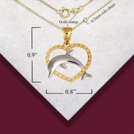 Two-Tone Gold Beaded Heart Dolphin Pendant Necklace